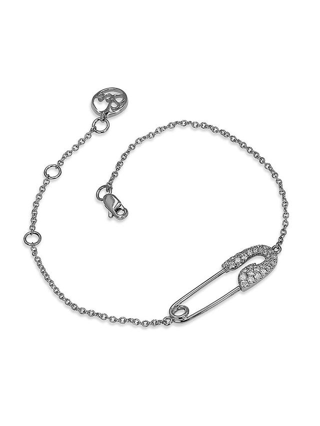 Womens Safety Pin 18K White Gold & Diamond Chain Bracelet Product Image