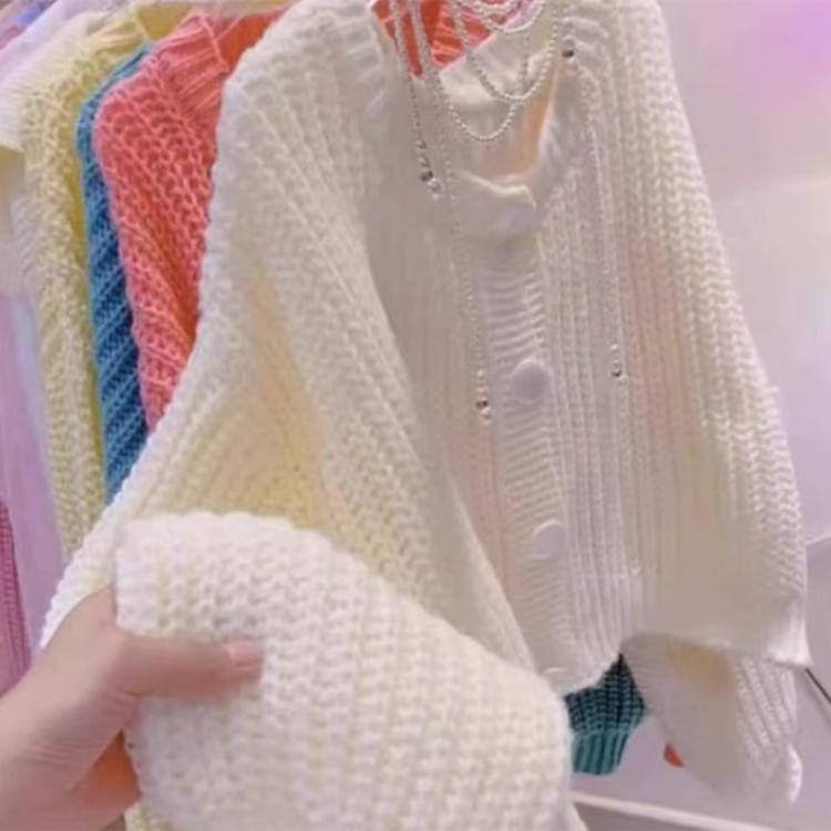 Plain Button-Up Chunky Knit Cardigan Product Image