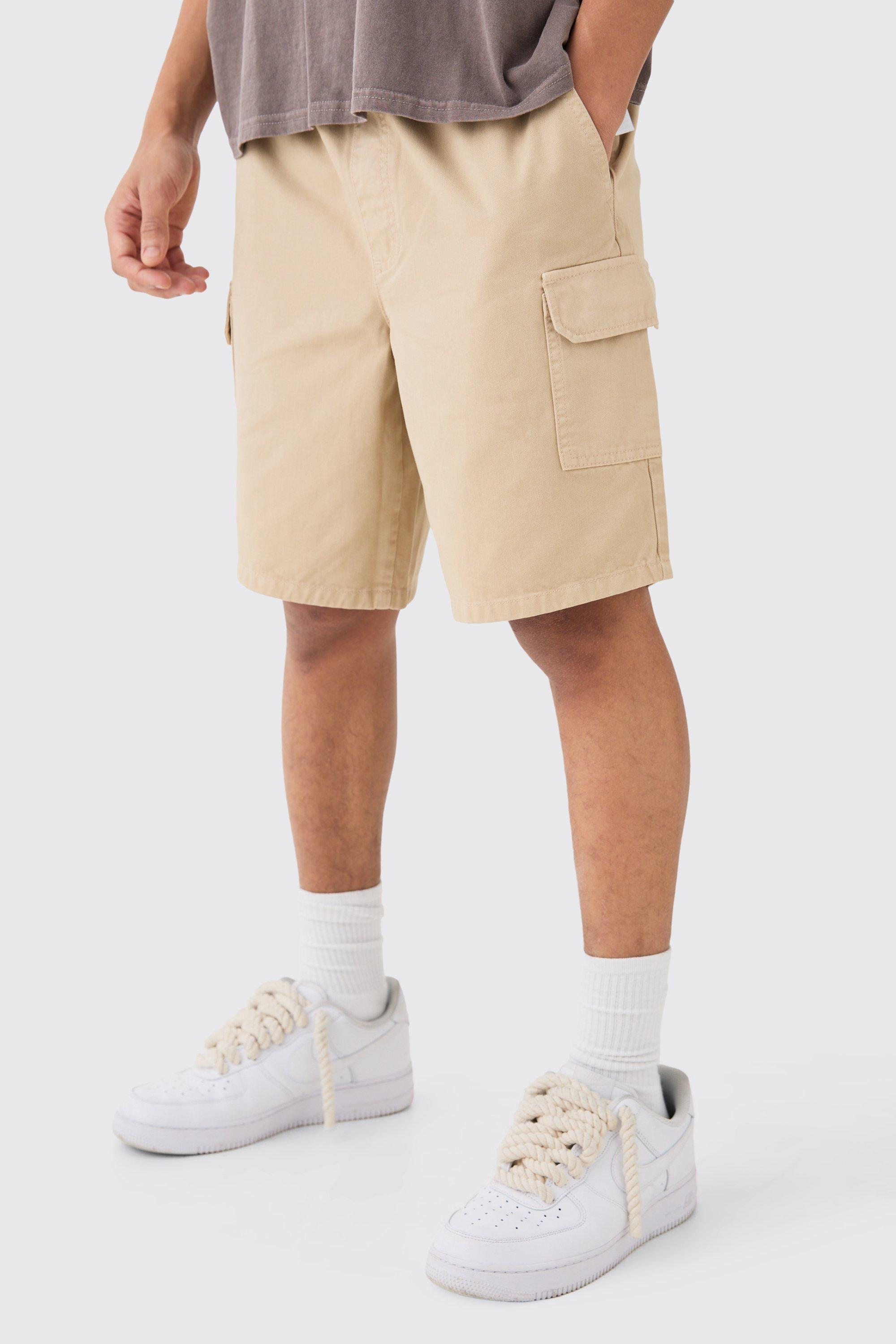 Mens Beige Relaxed Fit Elasticated Waist Cargo Shorts, Beige Product Image