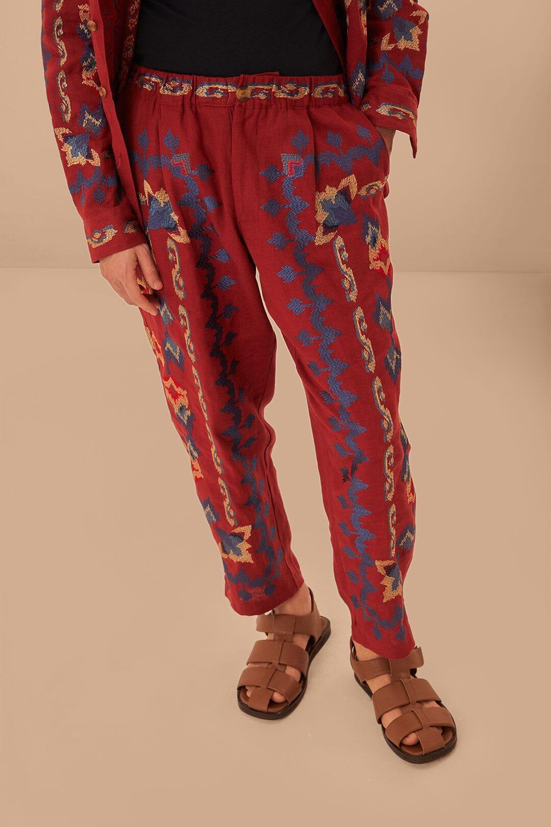 Red Floral Embroidery Jacquard Pants Product Image