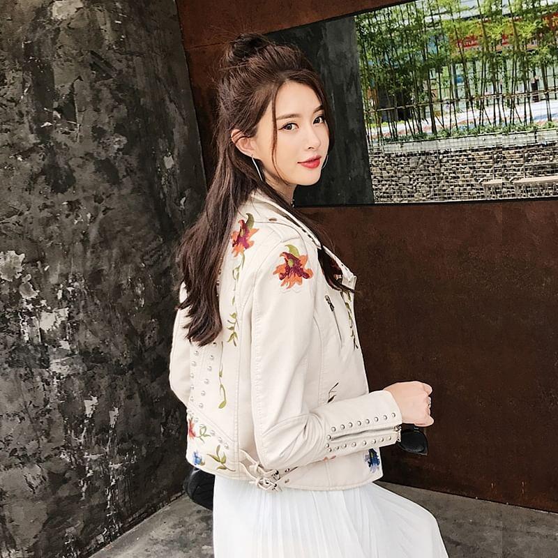 Stand Collar Embroidered Floral Print Faux Leather Biker Jacket Product Image