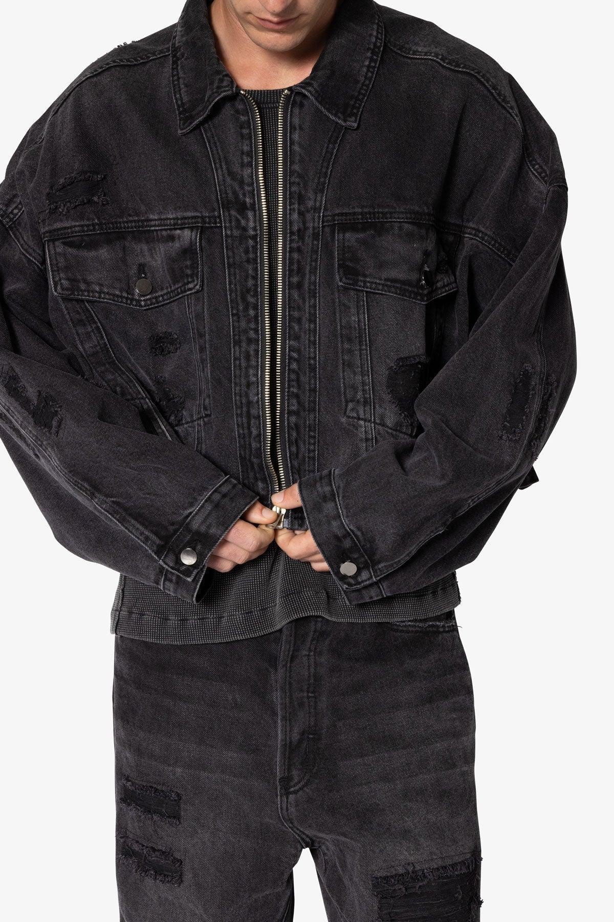 Oversized Cropped Ripped Denim Jacket - Washed Black Product Image