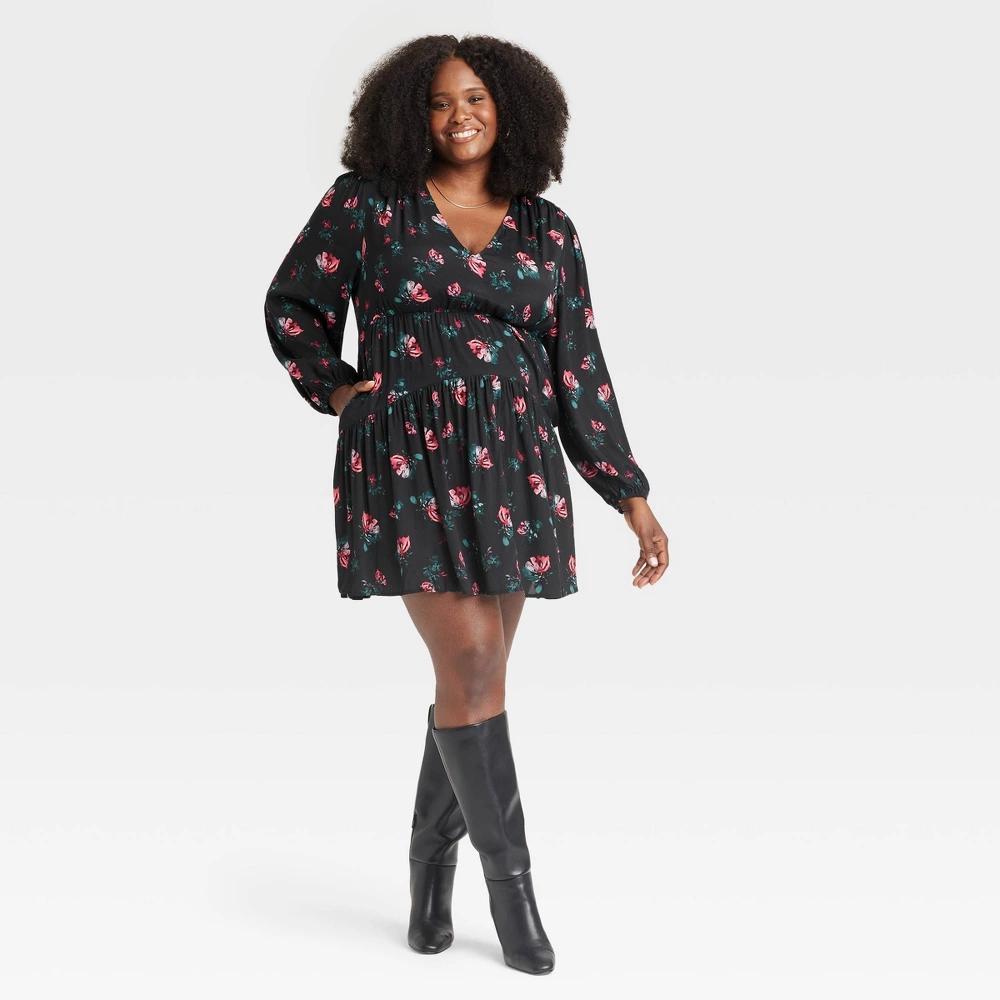 Womens Balloon Long Sleeve Dropped Waist Mini A-Line Dress - A New Day Black Floral XXL Product Image