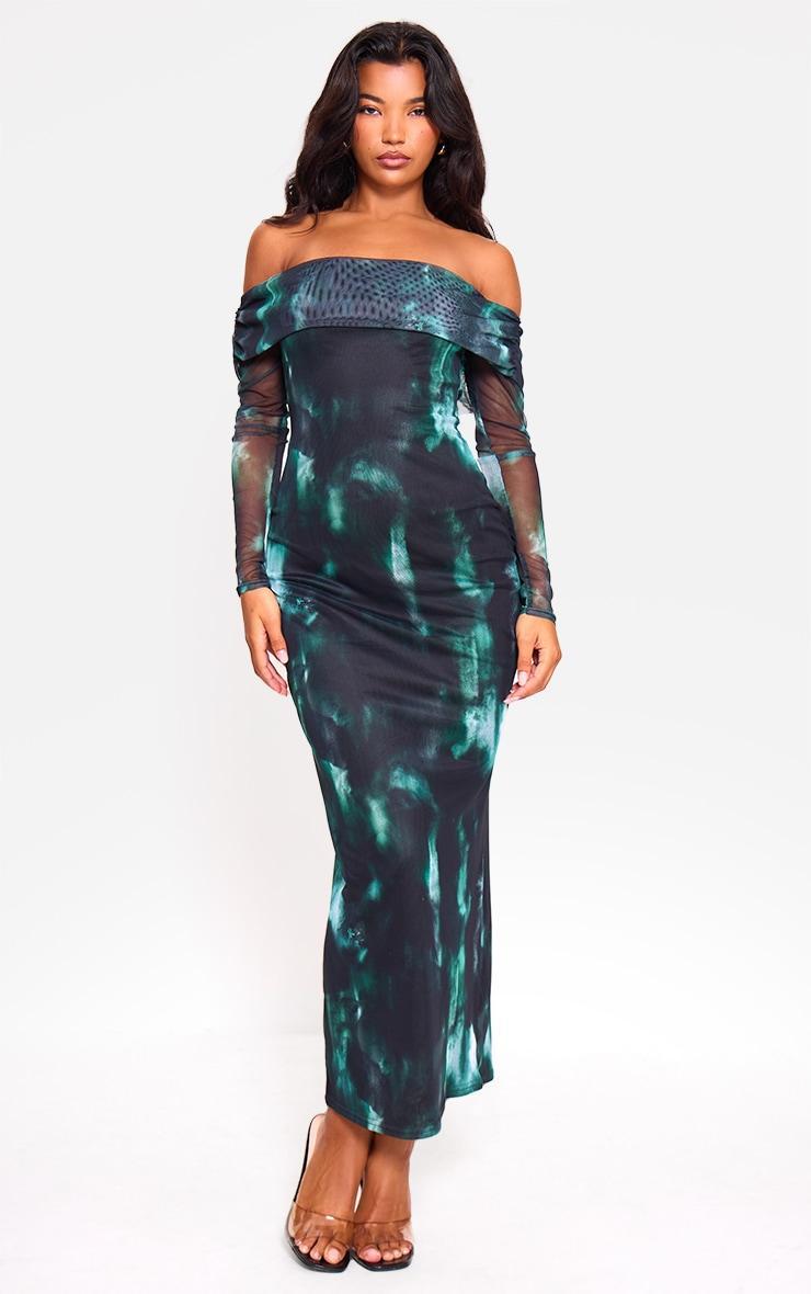 Green Printed Mesh Bardot Long Sleeve Maxi Dress product image