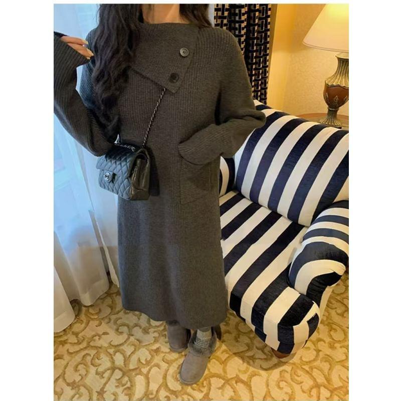 Long-Sleeve High Neck Plain Ribbed Midi Knit Dress Product Image