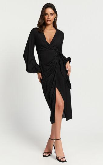 Taylor Midi Dress - Long Sleeve Wrap Dress in Black Product Image