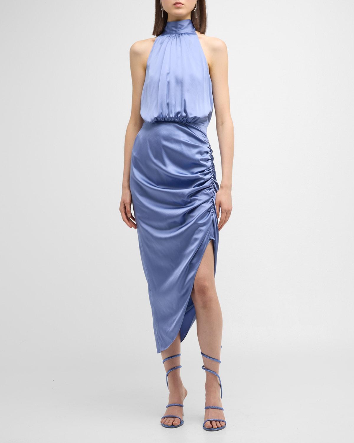 Gabriela Silk High-Neck Ruched Midi Dress Product Image