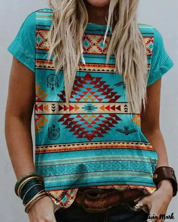 Olivia Mark – Aztec Geometric Print Short Sleeve T-Shirt Product Image