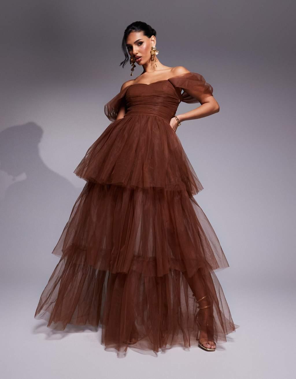 Lace & Beads off shoulder high low tulle maxi dress in brown product image