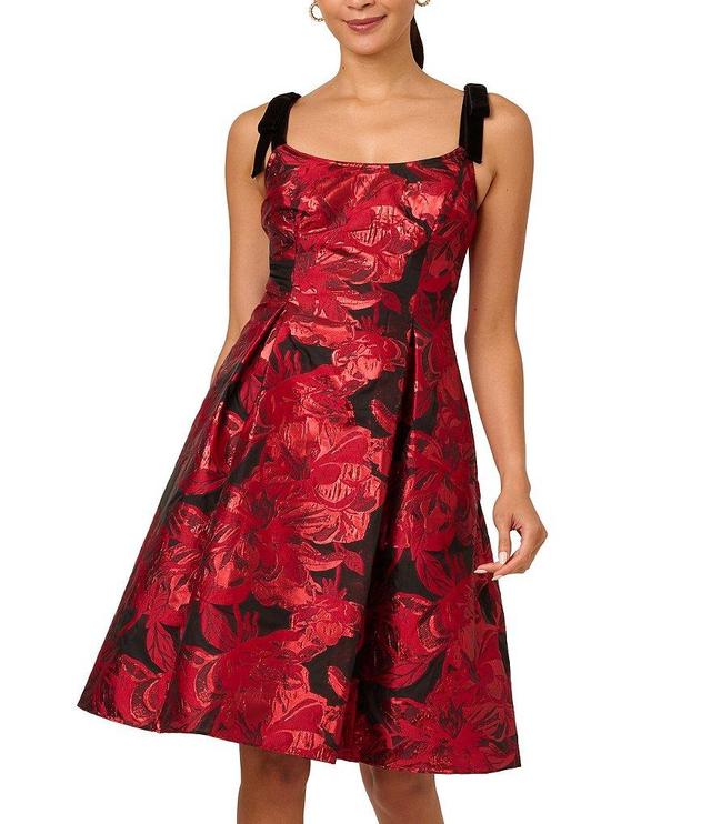 Adrianna Papell Floral Jacquard Ballet Neck Sleeveless Bow Shoulder Strap A-Line Dress Product Image