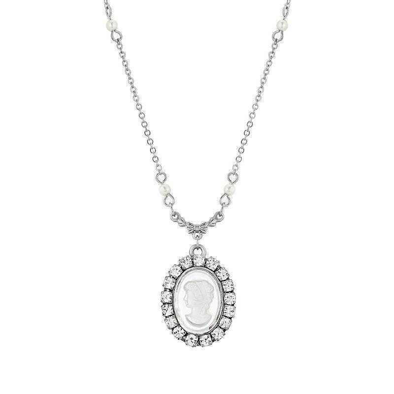 1928 Silver Tone Simulated Crystal Simulated Pearl Cameo Pendant Necklace, Womens, White Product Image