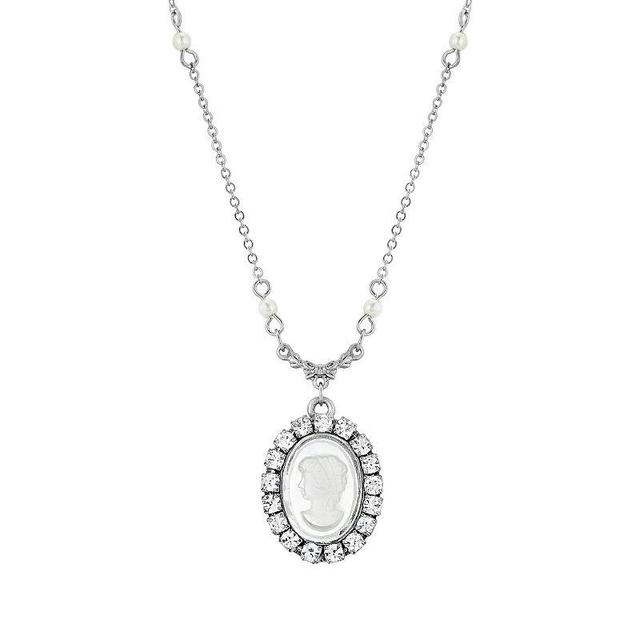 1928 Silver Tone Simulated Crystal Simulated Pearl Cameo Pendant Necklace, Womens, White Product Image