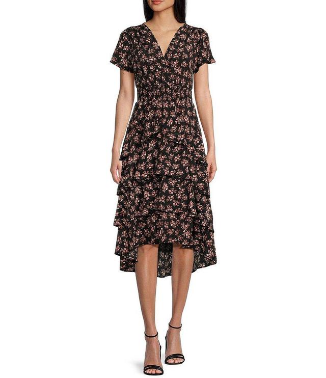 Honey and Rosie Short Sleeve Midi Tiered Printed Dress Product Image