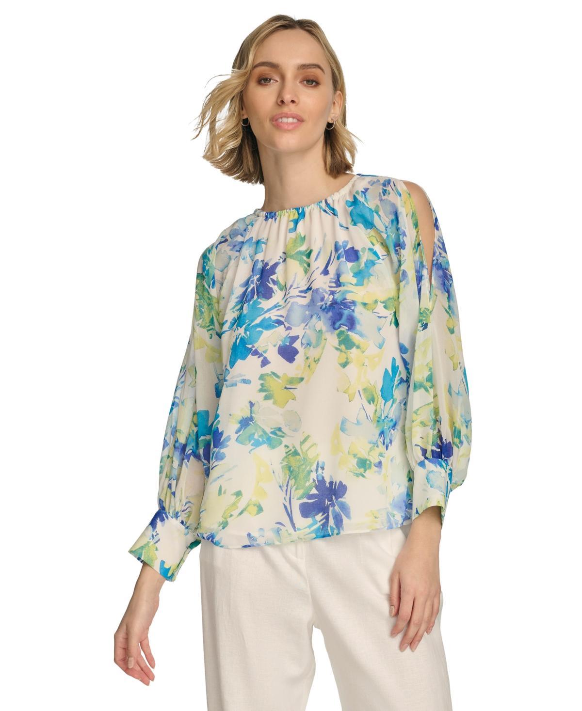 Calvin Klein Womens Floral-Print Gathered Cold-Shoulder Blouse Product Image