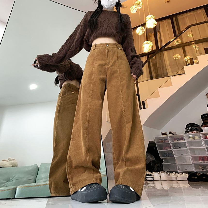 High Rise Plain Corduroy Loose Fit Pants Product Image