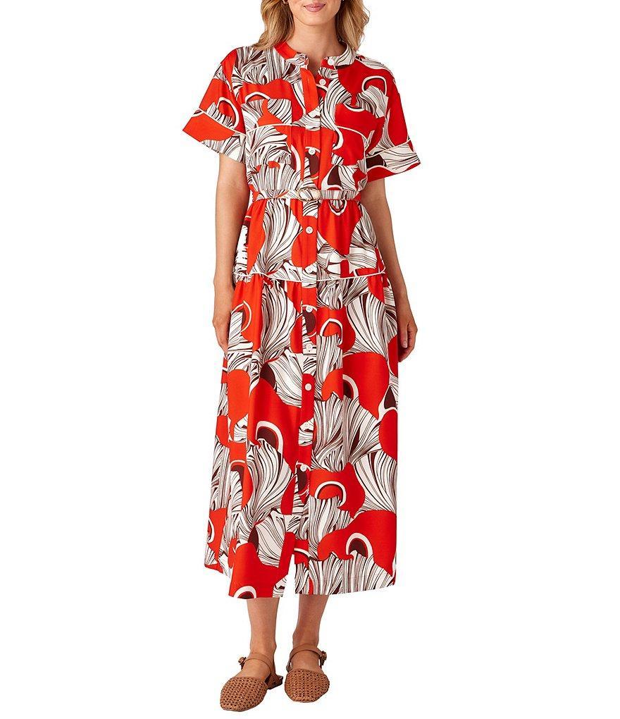 CROSBY by Mollie Burch Kellogg Bolga Fan Print Crepe Twill Banded Collar Button Front Belted A-Line Shirt Midi Dress Product Image