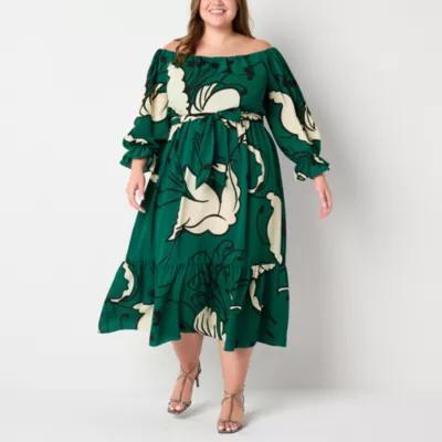 Premier Amour Off The Shoulder Womens Long Sleeve Floral Fit + Flare Dress Plus Product Image