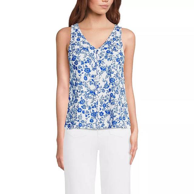 Petite Lands End Printed Button Down V-Neck Tank Top, Womens Blue Ornate Floral Product Image