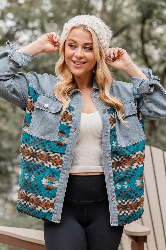 Desert Nights Southwestern Printed Medium Wash Denim Jacket FINAL SALE Product Image