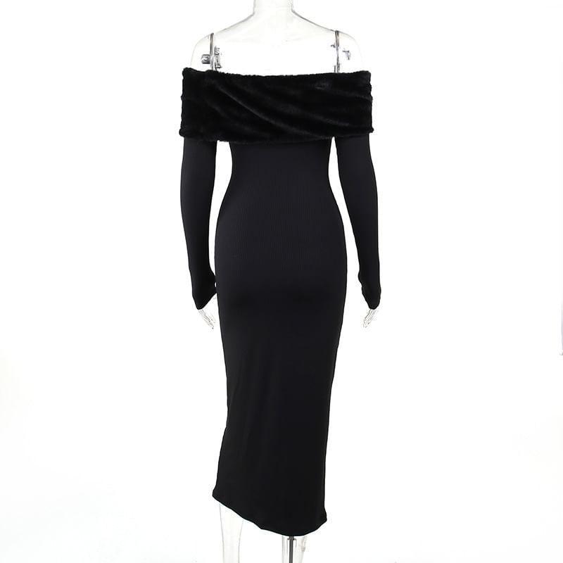 Long-Sleeve Off Shoulder Plain Maxi Sheath Dress Product Image