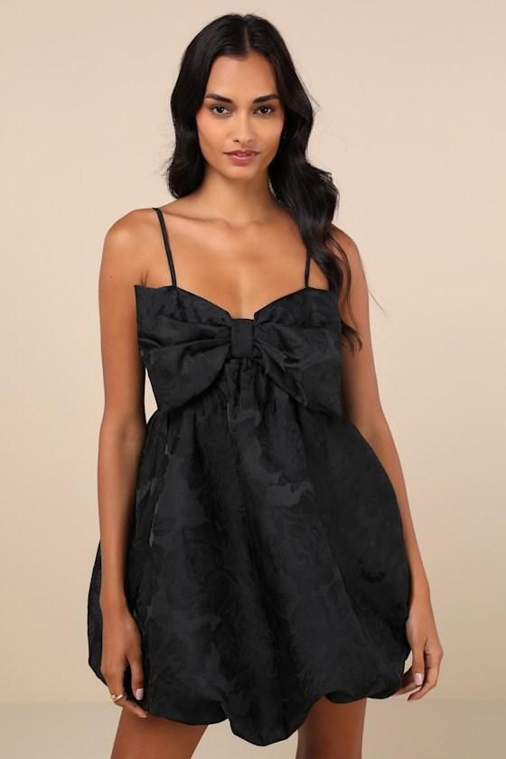 Coquettish Charm Black Bubble Hem Bow Mini Dress With Pockets Product Image