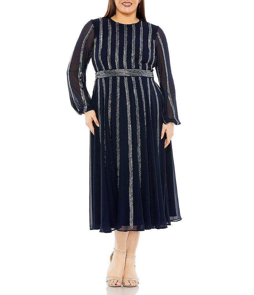 Mac Duggal Plus Size Long Sheer Sleeve Crew Neck Beaded Dress Product Image