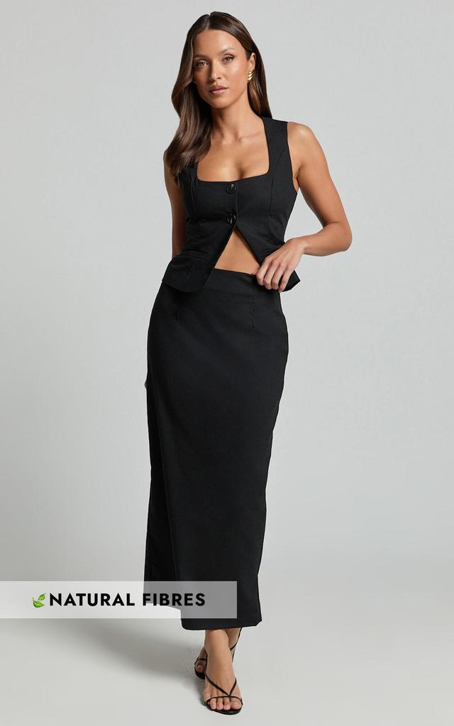 Elias Two Piece Set - Linen Look Square Neck Vest Top And Column Midi Skirt in Black Product Image