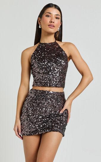 Roselle Two Piece Set - Halter Crop Top and Mini Skirt Sequin Set in Chocolate Product Image