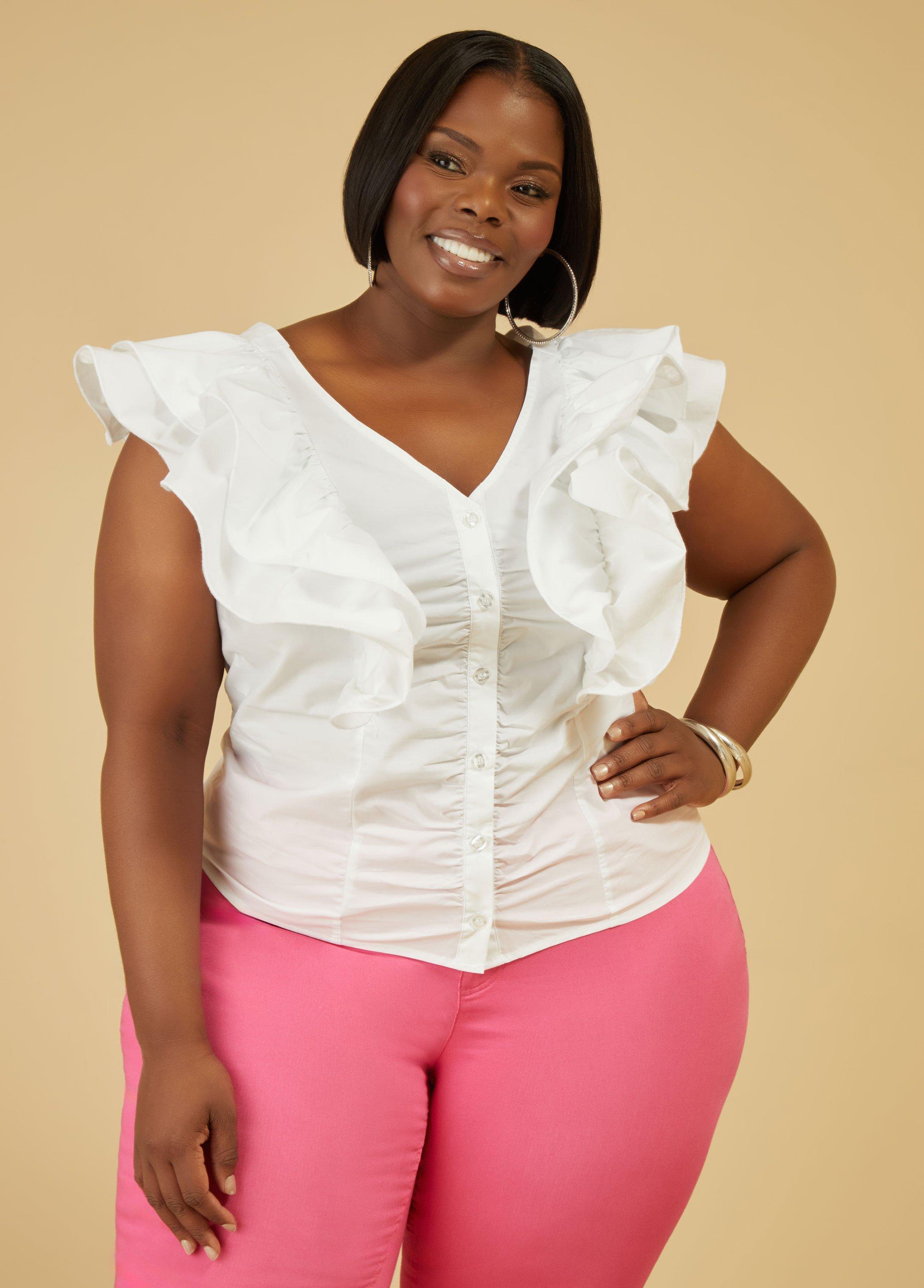 Plus Size Ruffle Sleeved Poplin Shirt Ashley Stewart product image