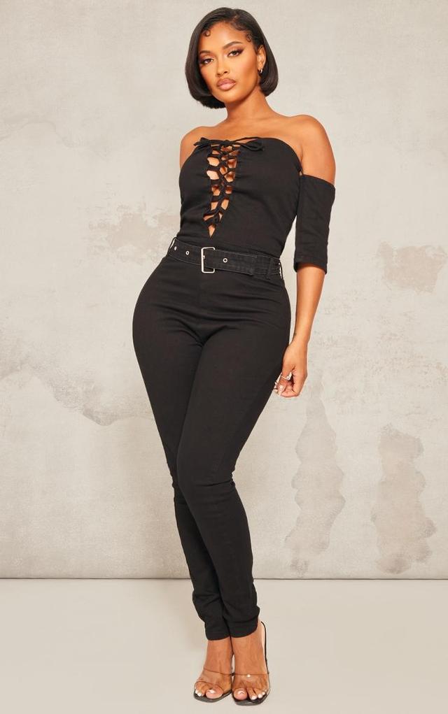 Shape Black Lace Up Bardot Stretch Denim Jumpsuit Product Image