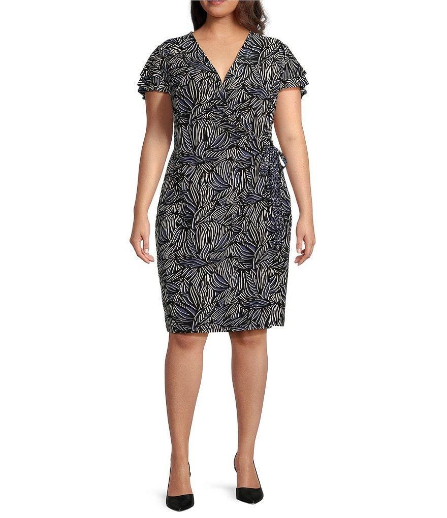 Anne Klein Plus Size Stretch Surplice V Neckline Flutter Cap Sleeve Wrap Dress Product Image