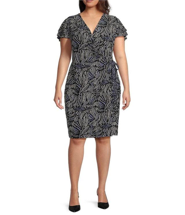 Anne Klein Plus Size Stretch Surplice V Neckline Flutter Cap Sleeve Wrap Dress Product Image