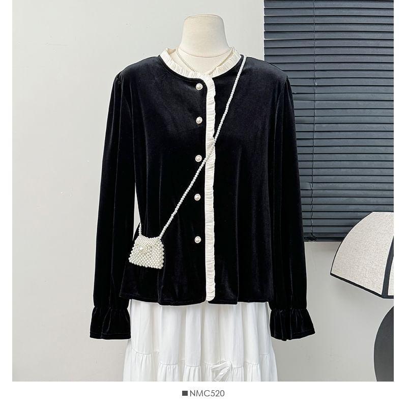 Contrasted Ruffle-Trim Loose Velvet Shirt Product Image