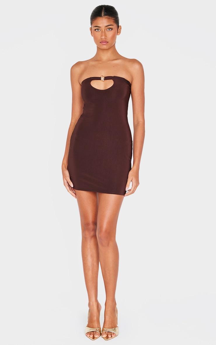 Chocolate Double Layer Slinky Trim Detail Bandeau Mini Dress Product Image