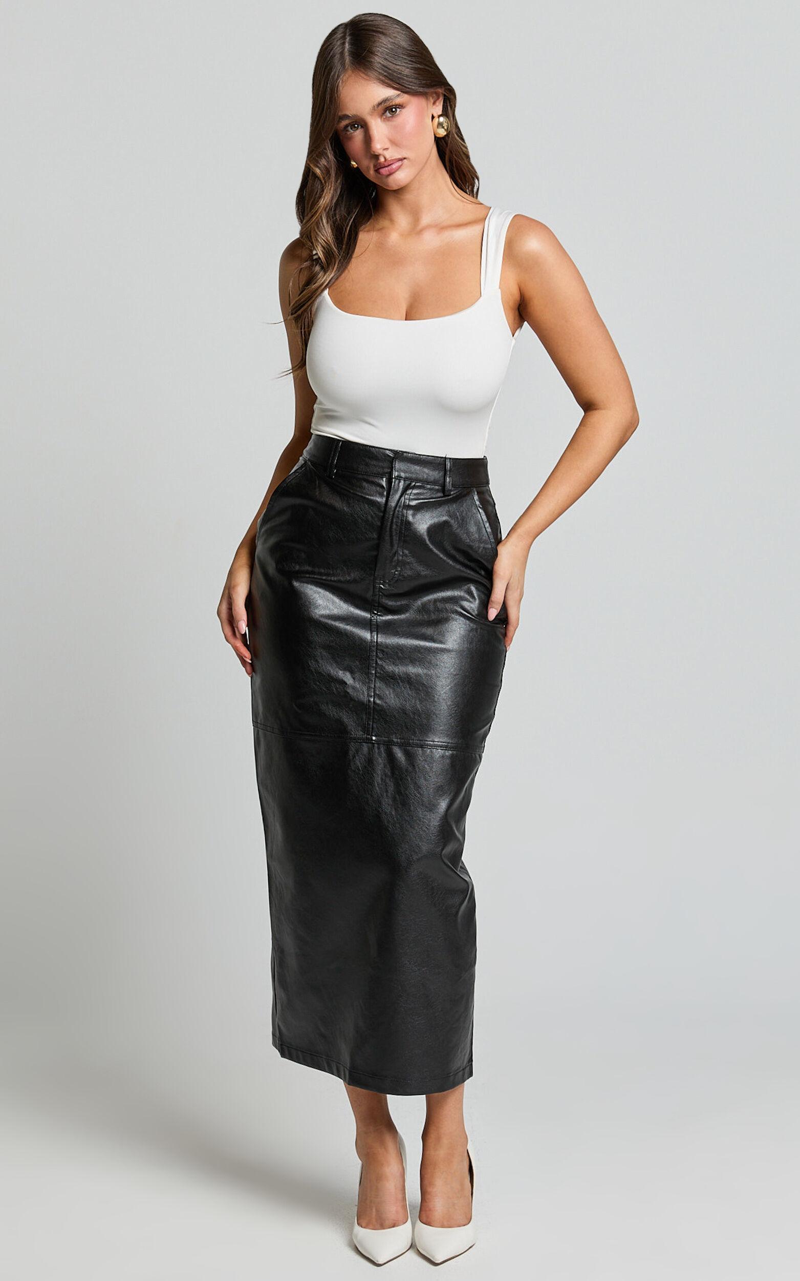 Victoria Midi Skirt - Mid Waisted Back Split Faux Leather Skirt in Black Product Image