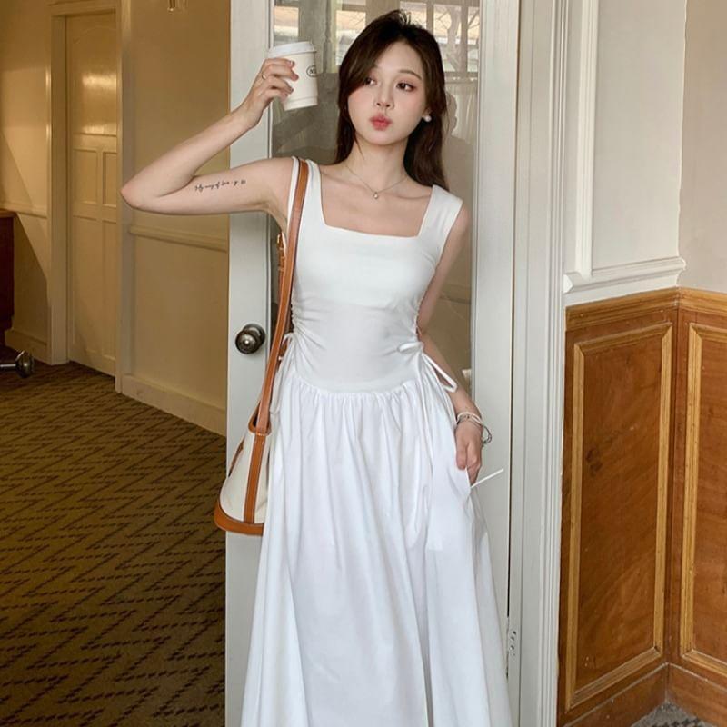 Sleeveless Square-Neck Plain Side-Drawstring Maxi A-Line Dress Product Image