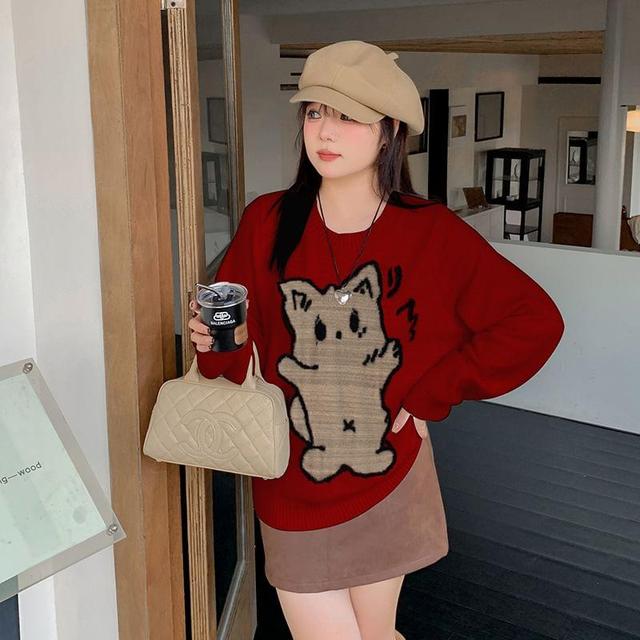 Plus Size Crewneck Cat Jacquard Sweater Product Image