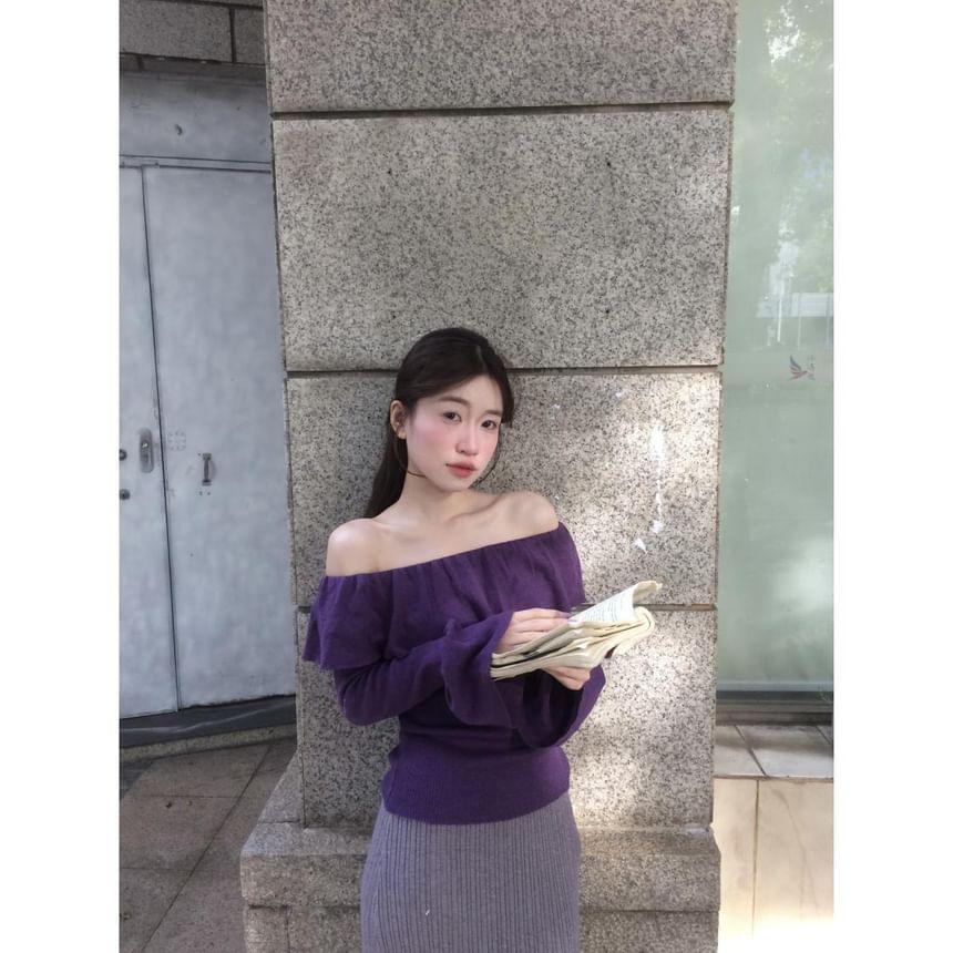 Long-Sleeve Off-Shoulder Plain Ruffle Trim Slim Fit Knit Top / High Waist Maxi Straight Skirt Product Image