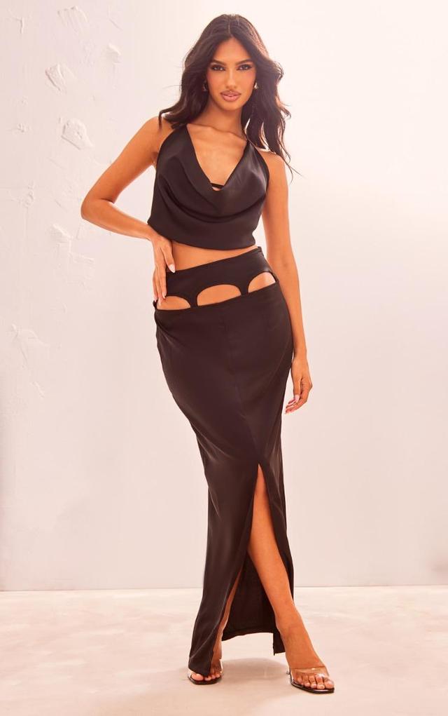 Black Satin Cut Out Suspender Maxi Skirt Product Image