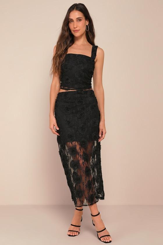 Undeniable Effect Black Sheer Lace Rosette Midi Skirt product image