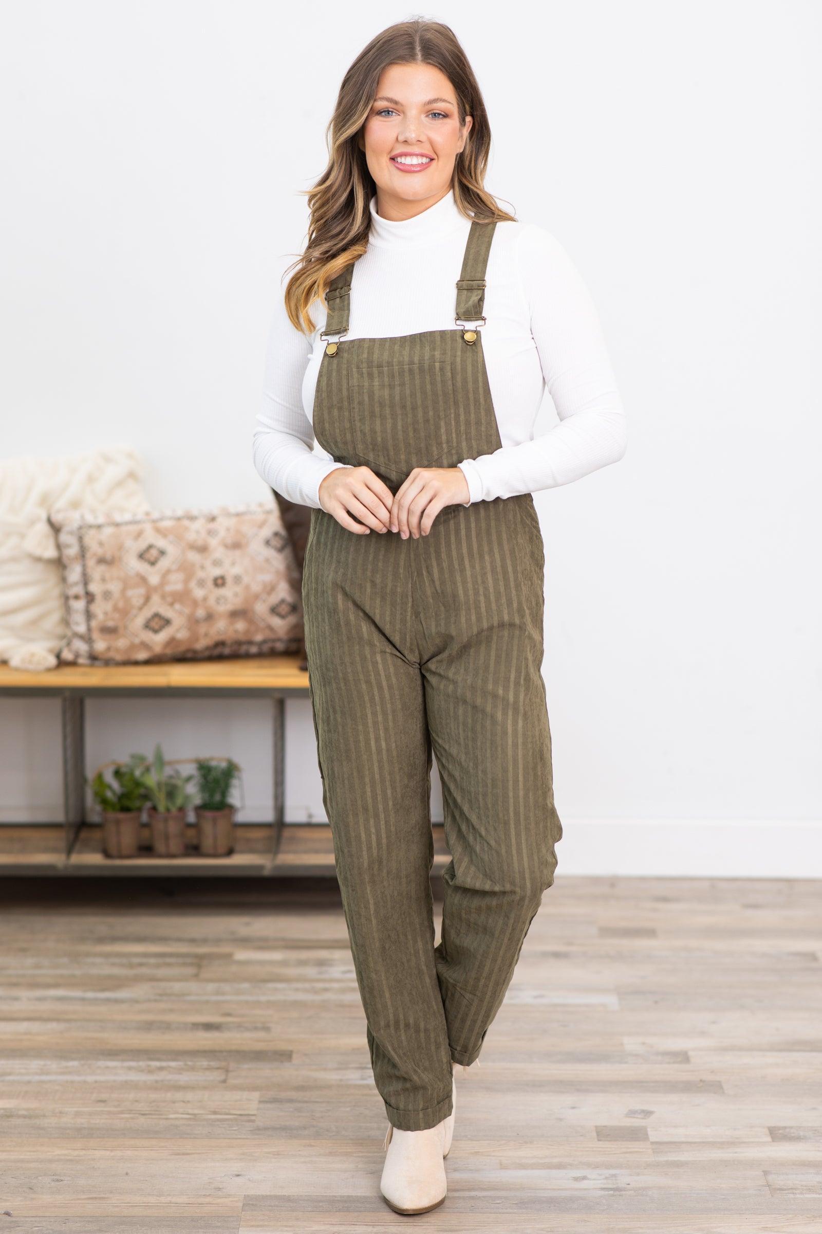 Olive Textured Tonal Stripe Overalls Product Image