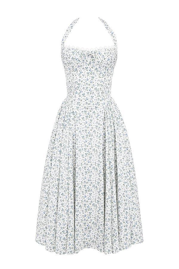 Adabella White Bluebell Print Cotton Halter Sundress Product Image