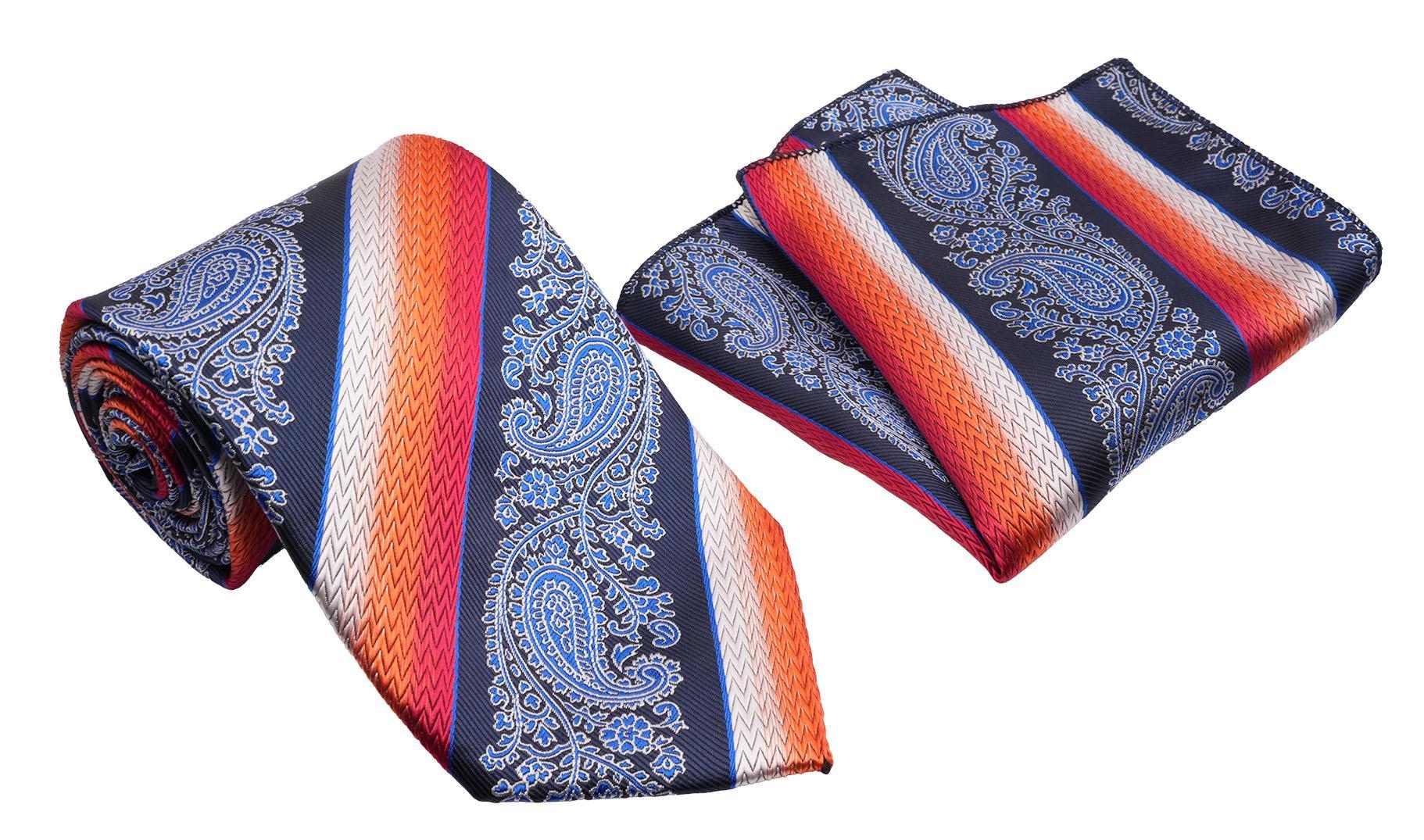 Blue Orange Gradient with Diagonal Stripe Paisley Pattern Men's Classic Tie and Pocket Square Set Male Product Image