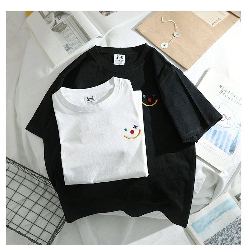 Short-Sleeve Smiley Face Embroidered T-Shirt Product Image