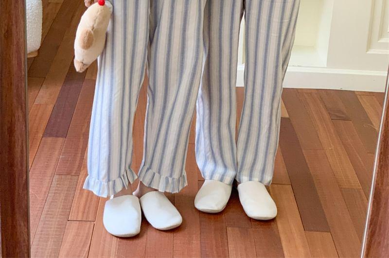 Couple Matching Long-Sleeve Striped Lace Trim Pajama Top / Pajama Dress / Pants / Shirt / Set Product Image