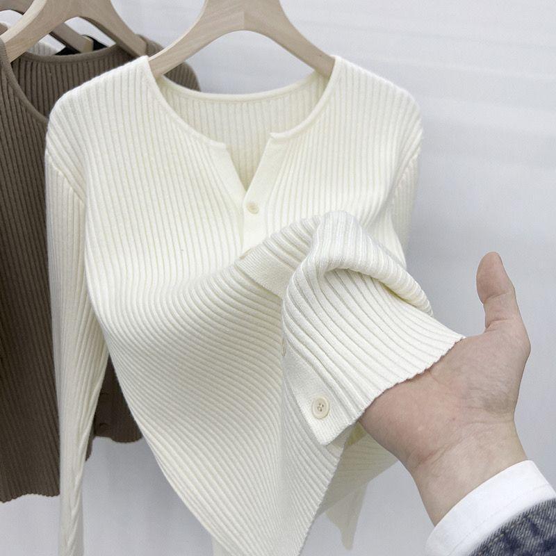 Notch Neck Plain Ribbed Cardigan Product Image