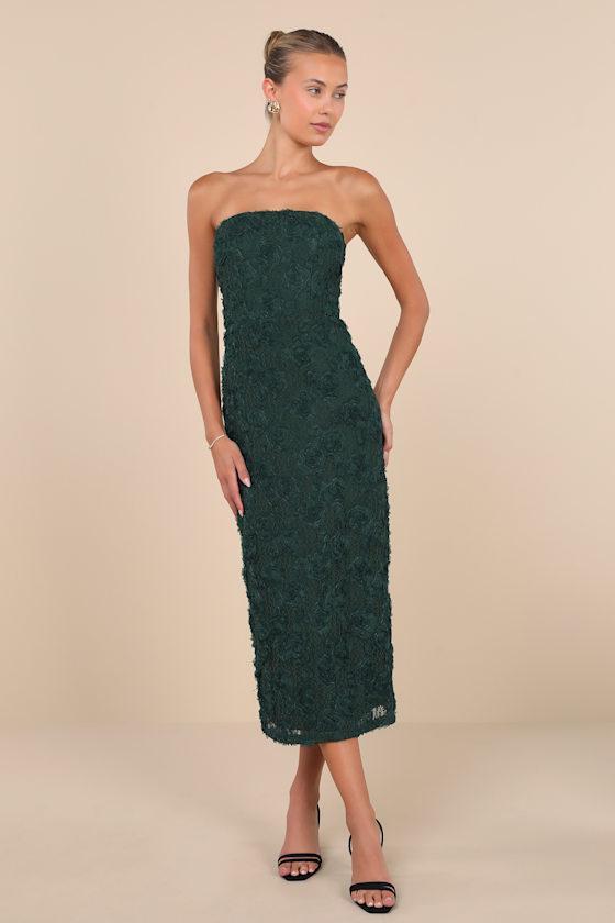 Flawless Perfection Emerald Floral Applique Strapless Midi Dress Product Image