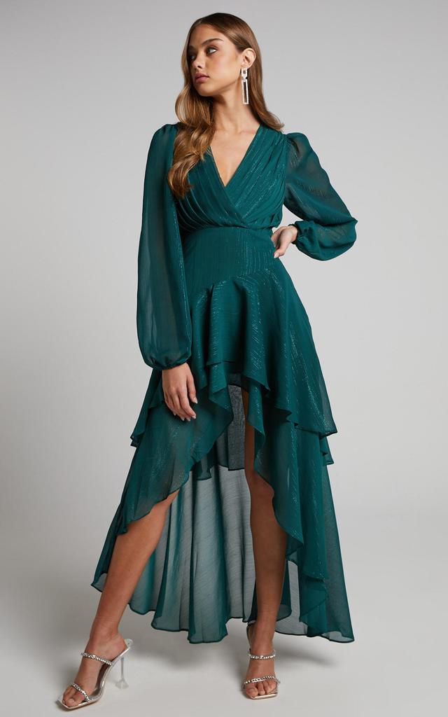 Claudita Midi Dress - Long Sleeve High Low Hem Dress in Emerald Product Image