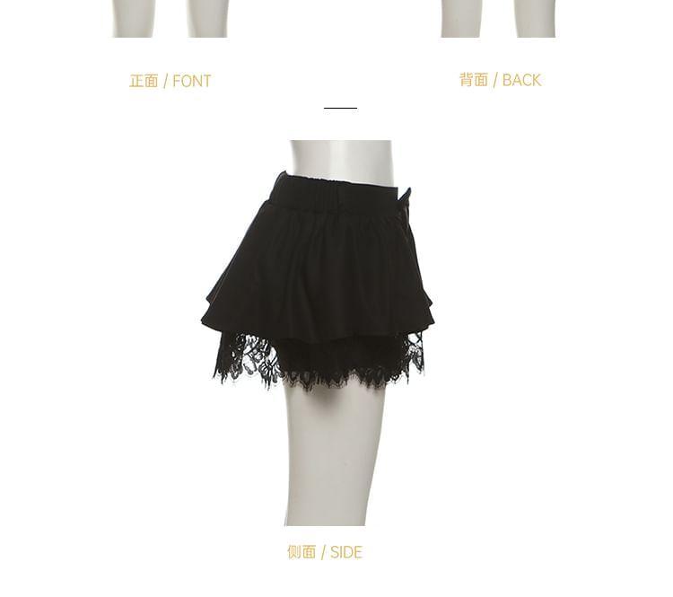 Long-Sleeve Plain Asymmetrical Lace Trim Cropped T-Shirt / Low Rise Mini A-Line Skirt Product Image