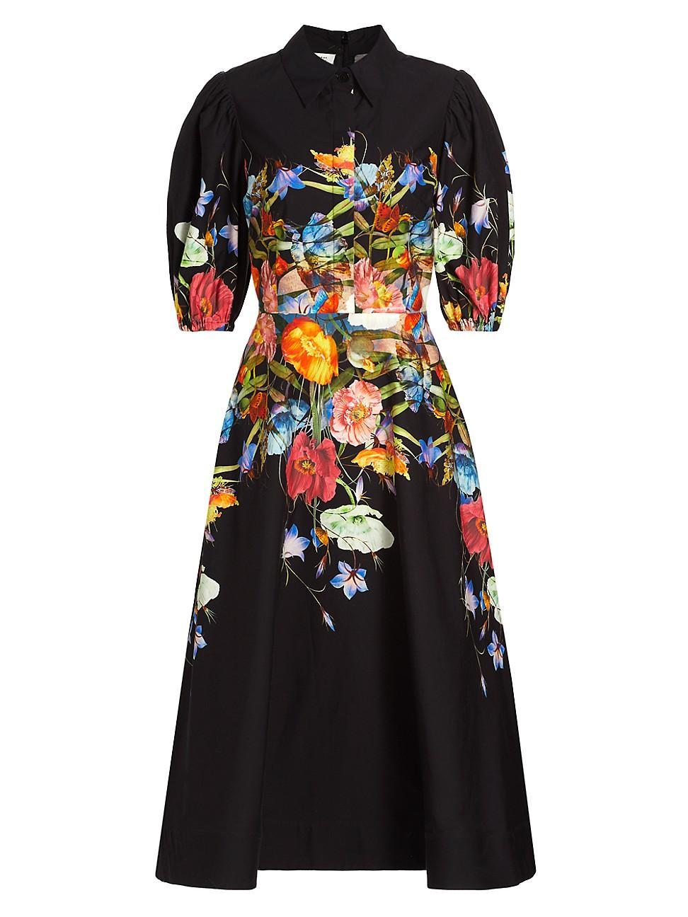 Womens Floral Cotton Puff-Sleeve Midi-Dress Product Image